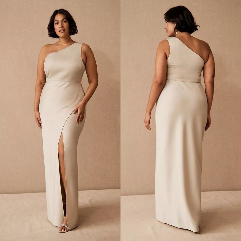 BHLDN Anthropologie Dylan One-Shoulder Satin Side Slit Gown Champagne Womens 8 - Picture 1 of 11